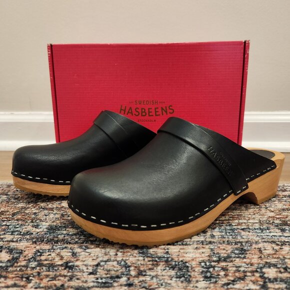 Sweedish Hasbeens Sweedish Husband black leather wood clogs Sz 8 - Picture 3 of 6